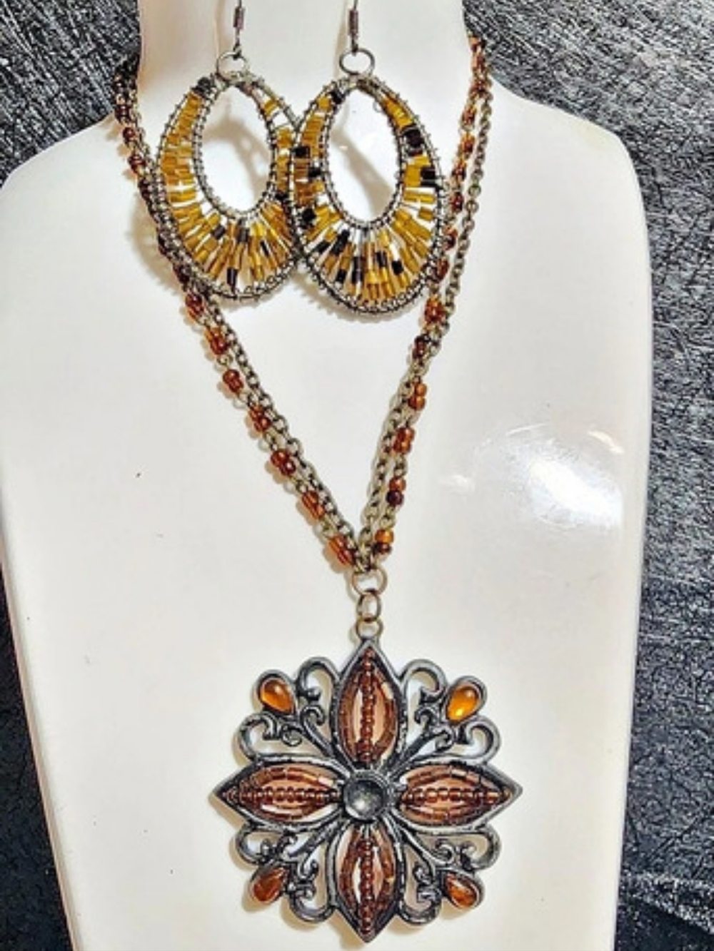 Floral Statement Necklace & Earrings Brown & Gold